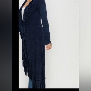 Long,Cowgirl Cardigan  Fringe Western Royal Blue Mineral Wash Kimono Long Slv.